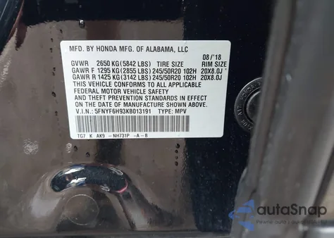 2019 Honda Pilot Touring z USA, uszkodzony, nr VIN 5FNYF6H93KB013191